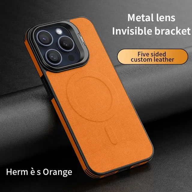 Luxury Leather Magsafe Camera Protection Bracket Case For iPhone