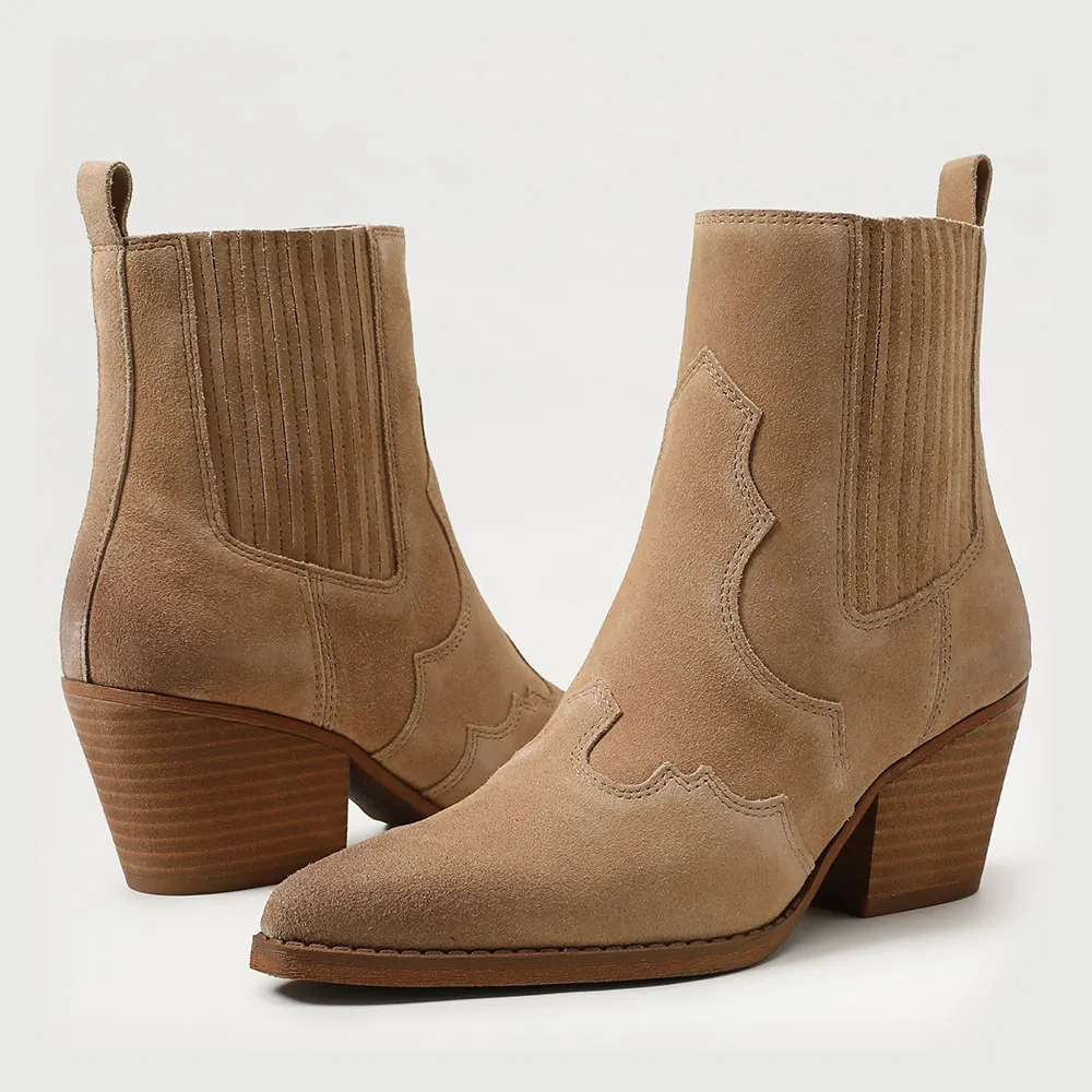 YDN Tan Mid Chunky Heel Comfortable Stitching Pointed Toe Boots