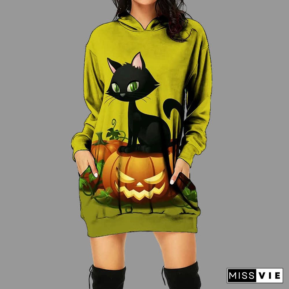 Halloween Pumpkin Black Cat 3D Print Long Sleeve Pocketed Hoodie