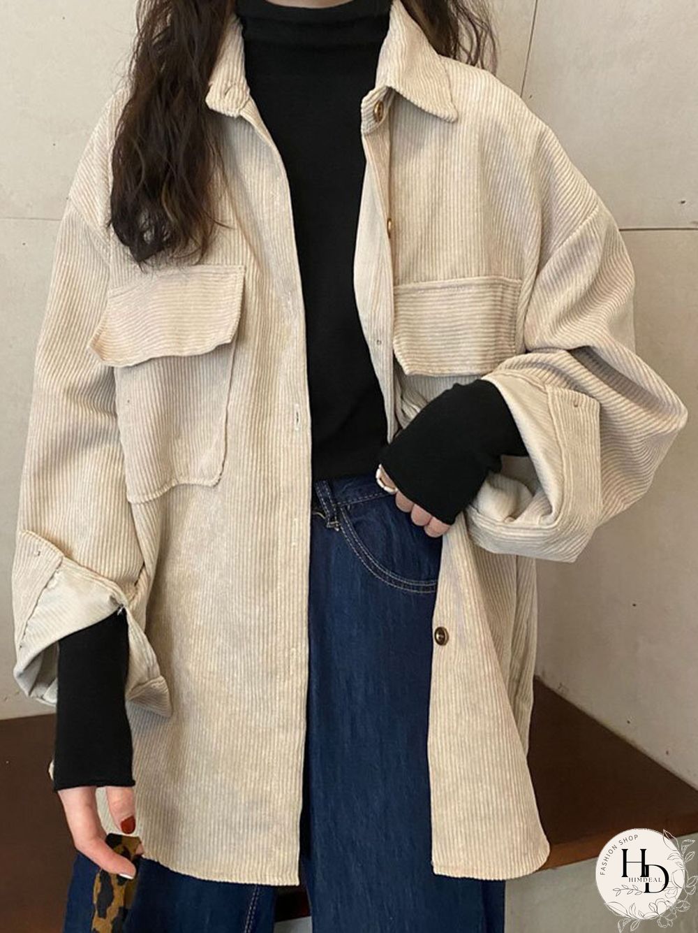 Corduroy Solid Pocket Button Long Sleeve Loose Lapel Jacket