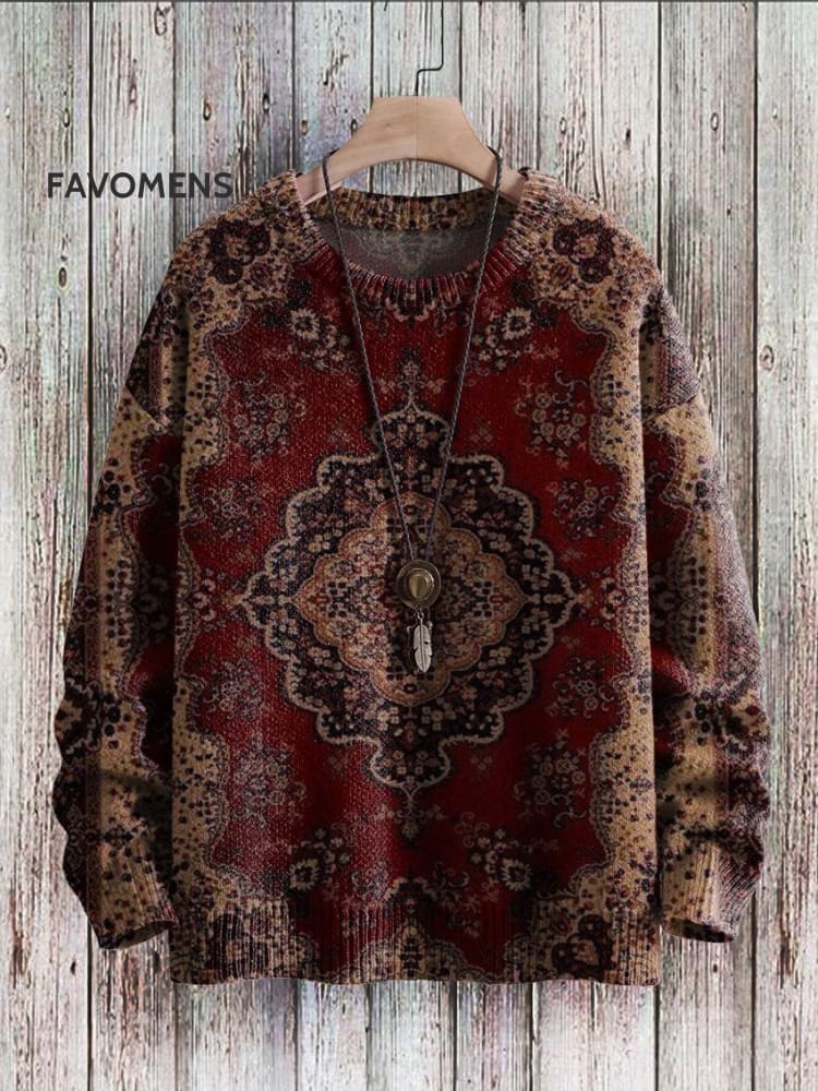 Vintage Ethnic Art Pattern Print Casual Knit Pullover Sweatshirt Multicolor / S