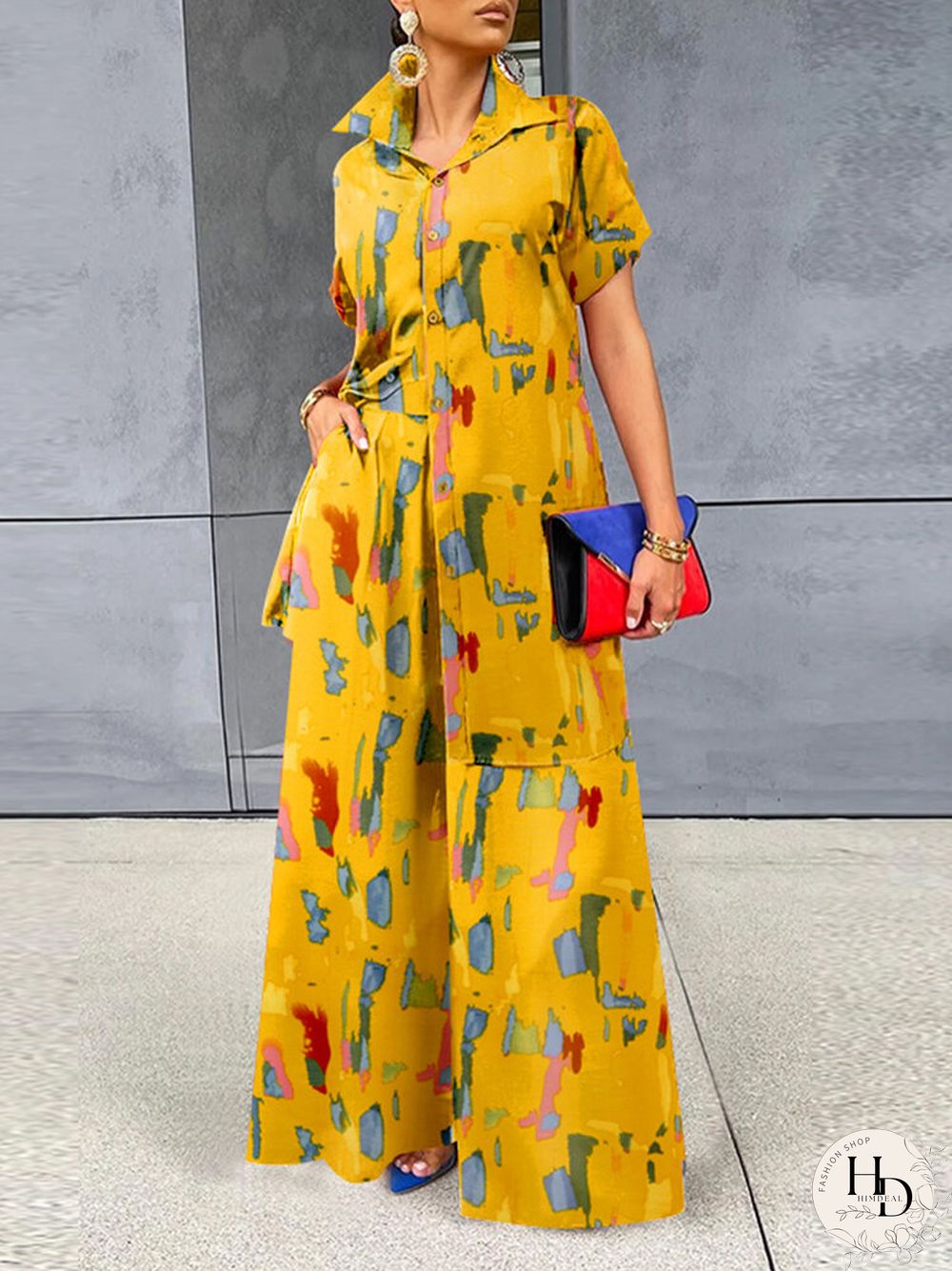 Brush Print Lapel Pocket Short Sleeve Wide Leg Two Pieces Suit