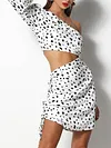 Stylish Polka-Dot Pleated Asymmetric Long Sleeves Shirts+Skirt  Two Pieces Set