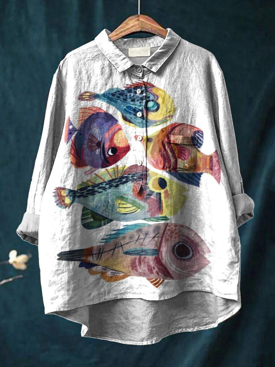 Colorful Tropical Fish Decorative Pattern Casual Cotton And Linen Shirt