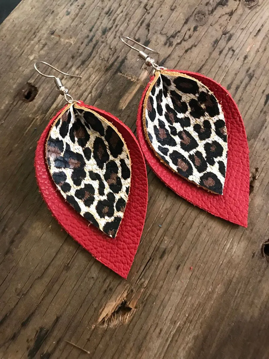 Black and Leopard Leather Earrings