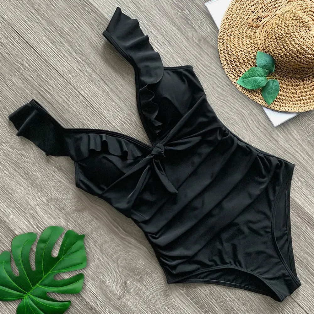 2020 Sexy New Ruffle One Piece Swimsuit Off The Shoulder Swimwear Women Swimsuit Deep-V Bathing Suits Beach Wear Swim Suit