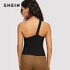 SHEIN Black Asymmetrical Neck Solid Crop Tank Top Summer Women Sexy Cold shoulder Stretchy Skinny Highstreet Sleeveless Camis 