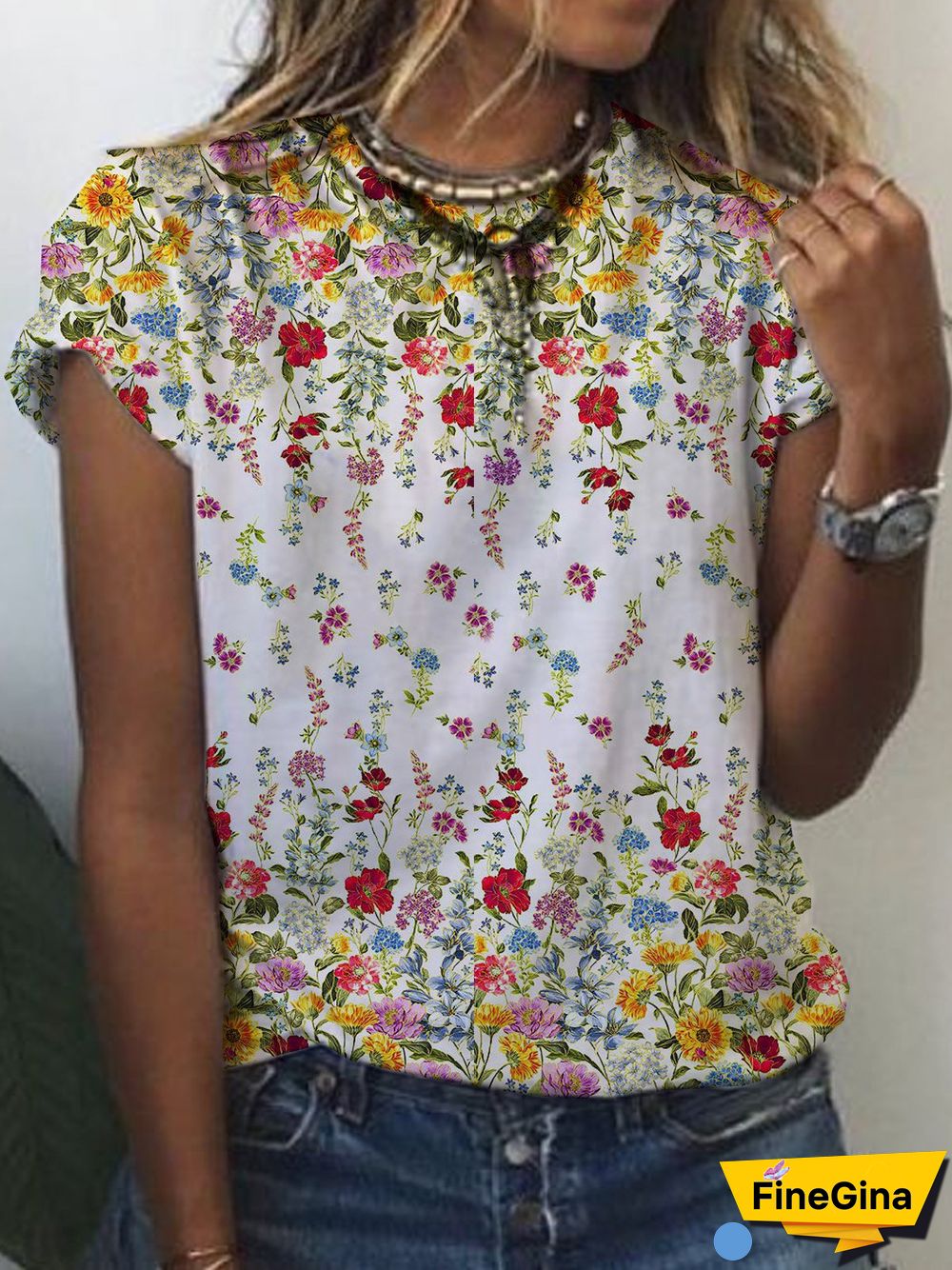 Floral Short Sleeve Printed Cotton-blend Crew Neck Casual Summer White Top