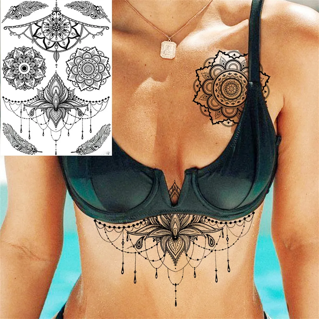 Sexy Black Henna Temporary Tattoos For Women Girls Lotus Flower Lace Tattoo Sticker Fake Jewelry Mandala Body Chest Tatoos Paper