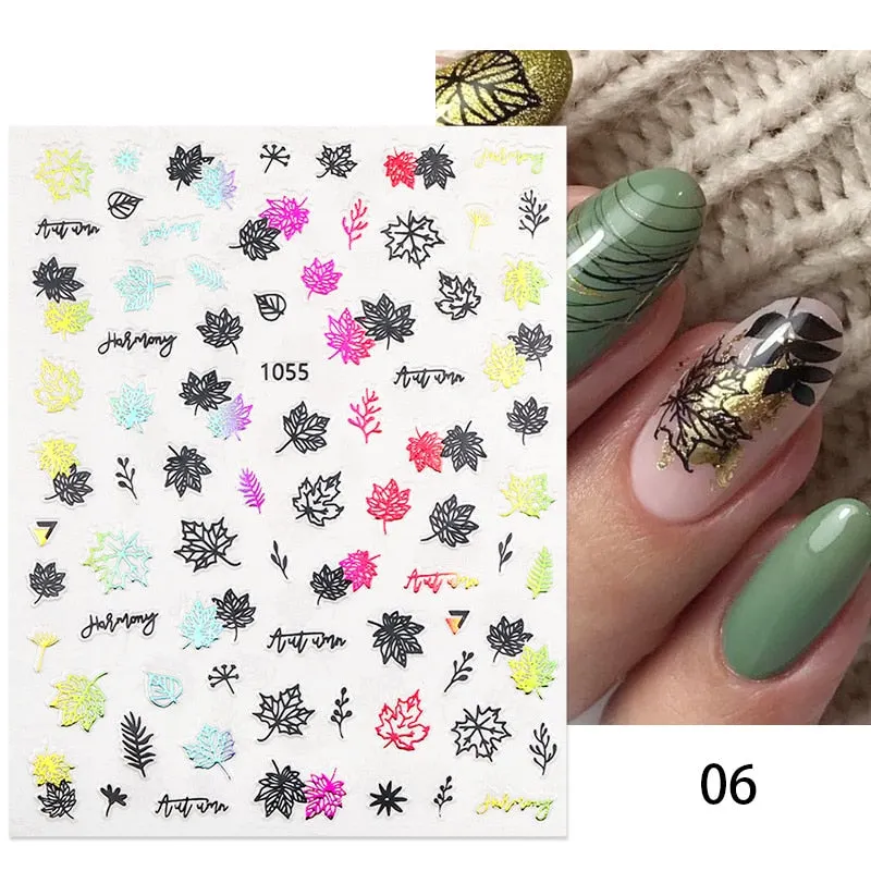 Maple Leaves 3D Nail Sticker Gold Black iridescent Leaf Tree Geometrics Lines Adhesive Transfer Sticker DIY Nail Decoration