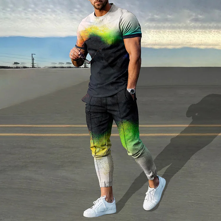 Dark Green Gradient Print T-Shirt And Pants Co-Ord