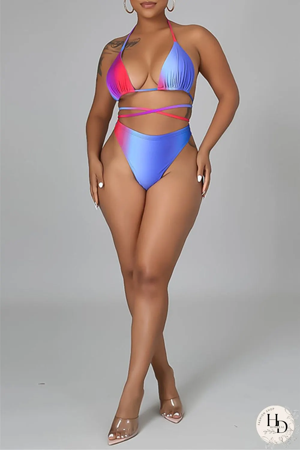 Yellow Fashion Sexy Print Backless Strap Design Halter Sleeveless Three-piece Set