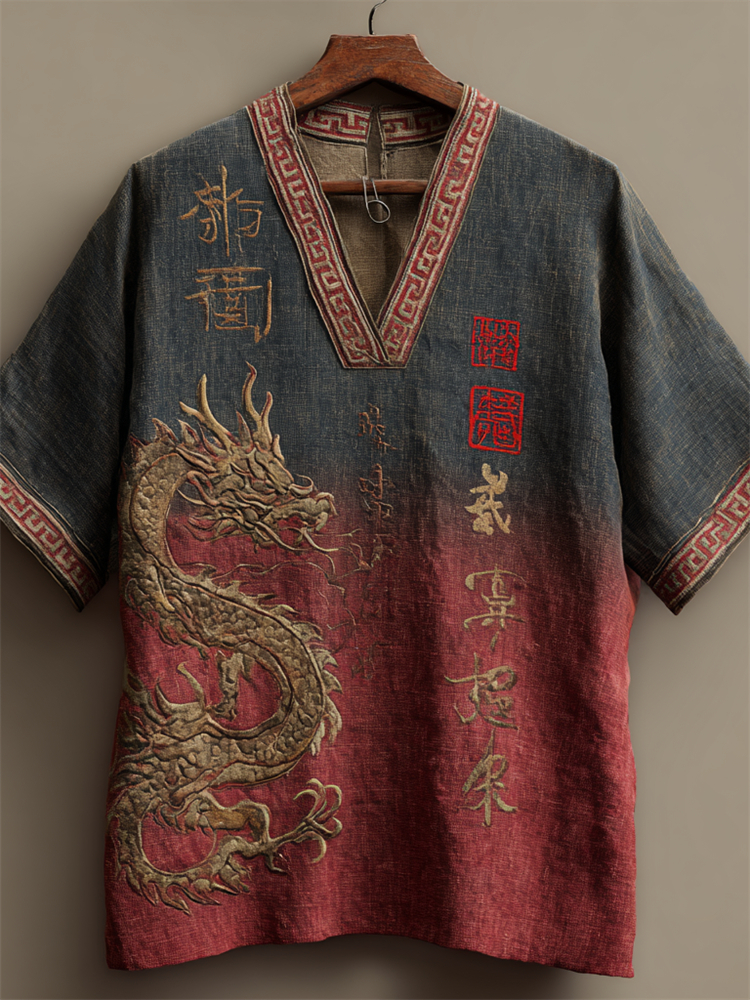 Vintage Japanese Gold Dragon Gradient Linen Shirt elevenforest