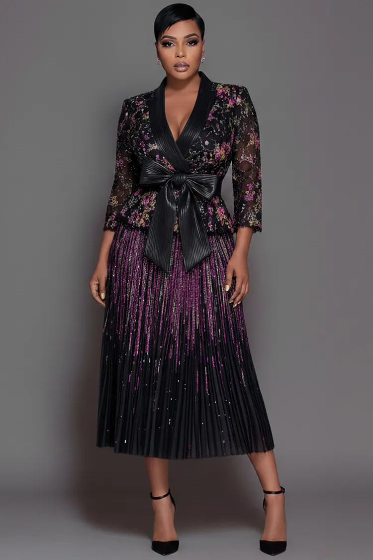 Xpluswear Design Plus Size Business Casual Black All Over Print V Neck Half Sleeve Pleated Bow Tie Two Piece Skirt Sets [Pre-Order] 2024 - Xpluswear