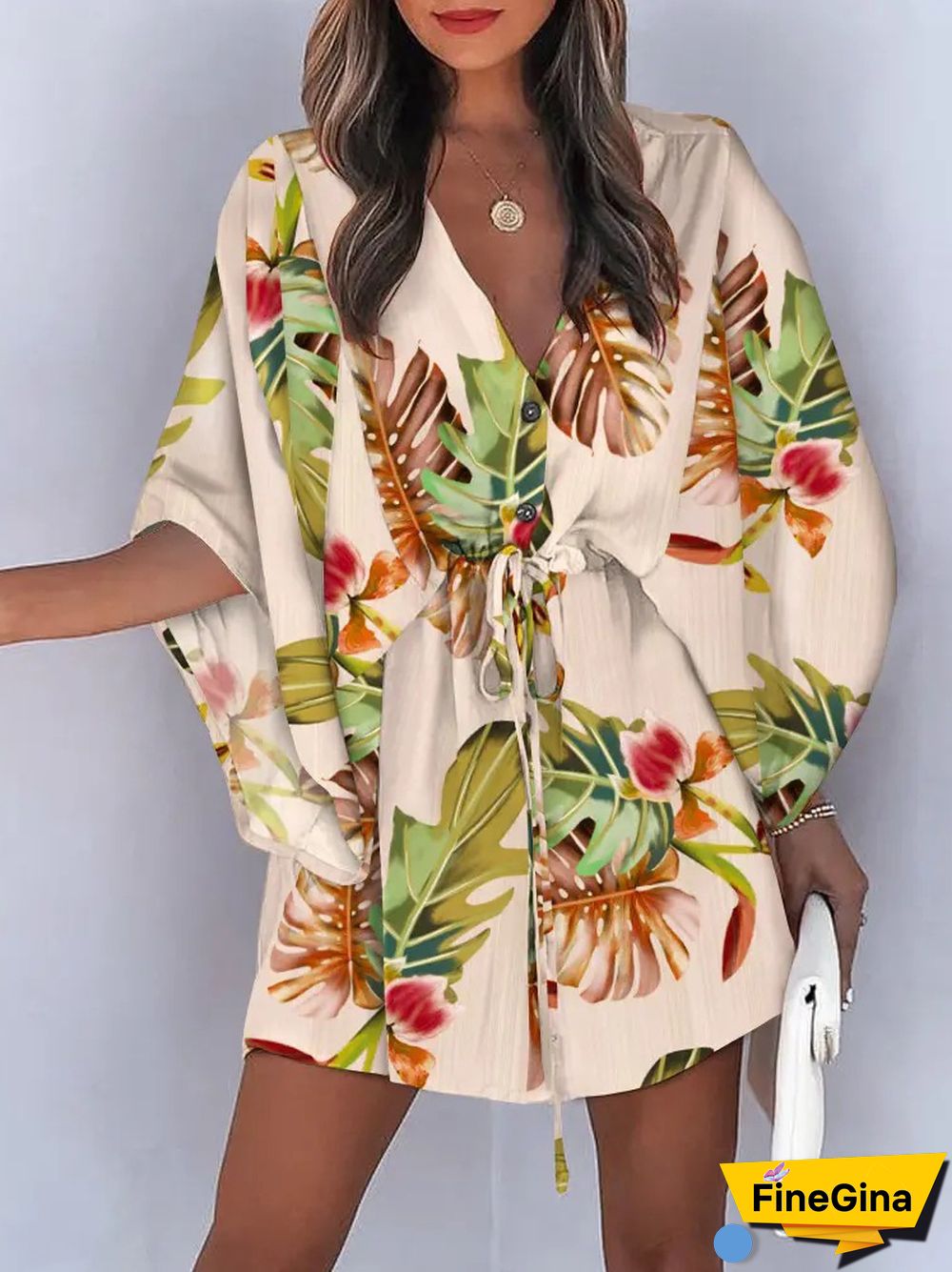 Summer Women's Fashion Holiday Dress Casual Print Flying Sleeve V-Neck Drawstring Mini Loose Dresses For Women Streetwear