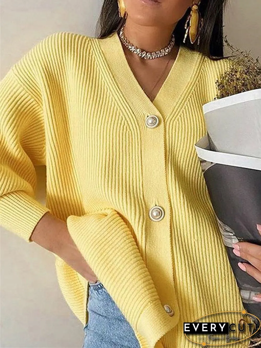 Solid Color V-neck Casual Loose Knit Breasted Cardigan Sweater