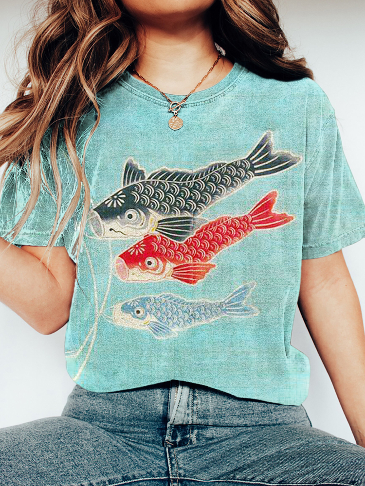 Carp Flag Japanese Art Washed Cotton Short Sleeve T-Shirt