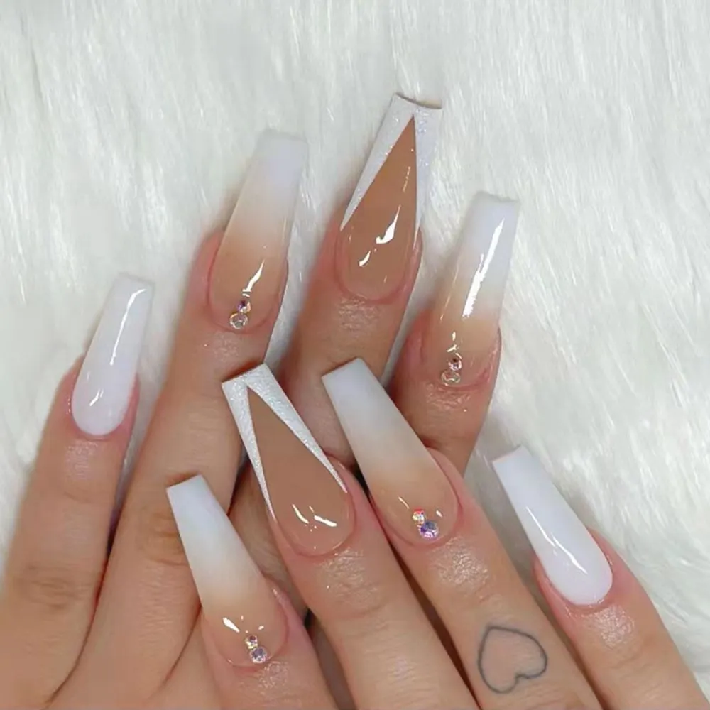 24pcs/Box Matcha Green Color With Rhinestone Long Coffin False Nails Full Cover Ballerina Press On Nails Wearable Fake Nails