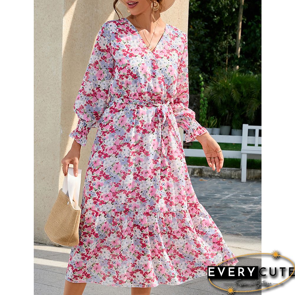 Multicolor V Neck Tie Waist Long Sleeve Floral Dress