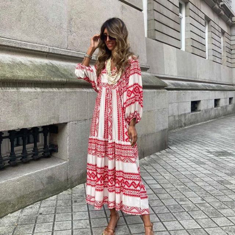 Plus Size Summer New Geometric Collage Puff Sleeve Dress