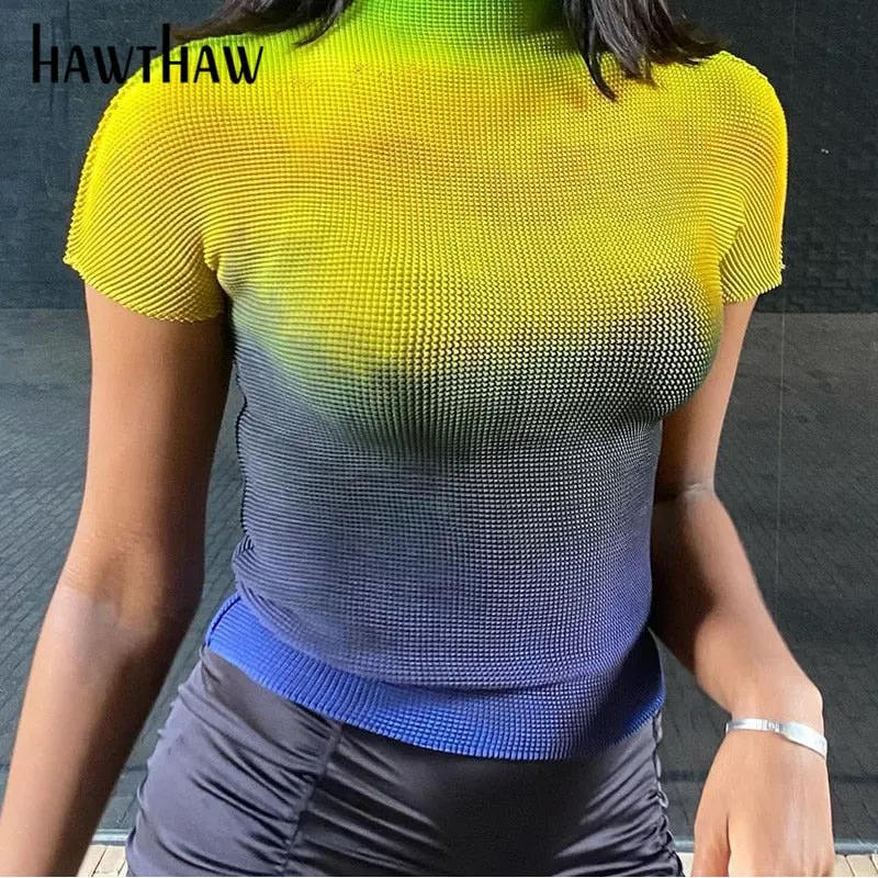 Hawthaw Women Fashion Summer Short Sleeve Gradient Turtleneck Slim Skinny Tops Tees T Shirt 2021 Female Clothing Streetwear