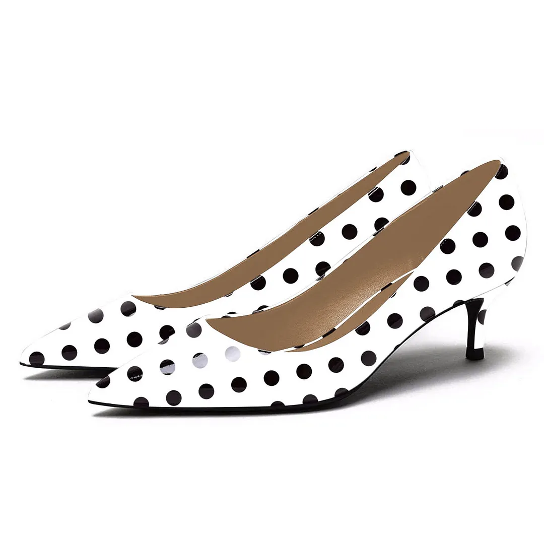 YDN Classic Pointed Toe Low Heel White Pumps with Black Polka Dot