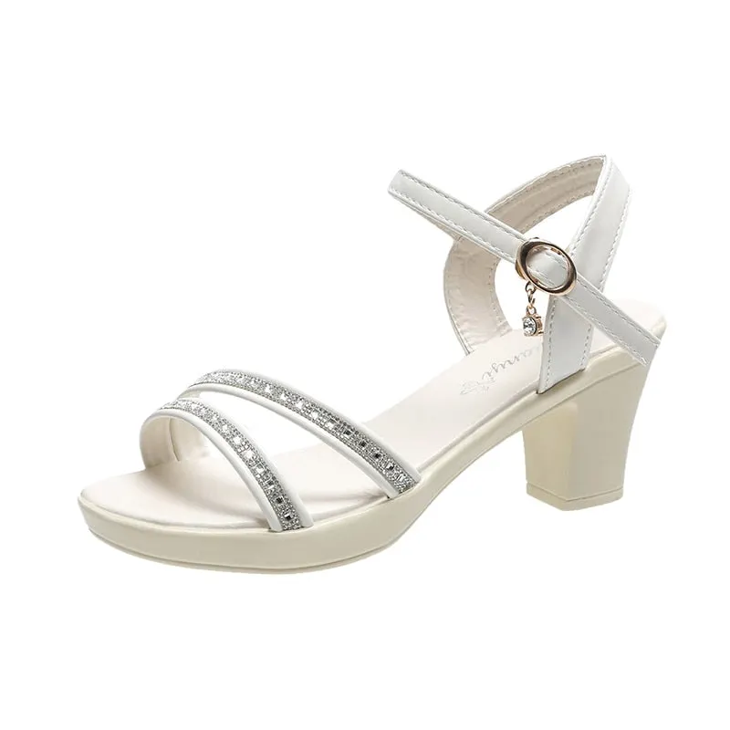2021 New Thick Heel Sandals Women's Summer Fish Mouth Women's Shoes Rhinestone High Heels Women's Black Mother Shoes Women