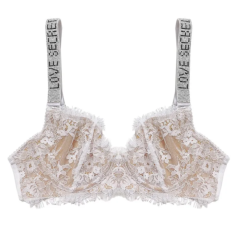 Sexy Shine Strap Bra Women Secret Bralette Underwear Black Eyelash Lace Bras Underwire Push Up Letter Rhinestone Erotic Lingerie