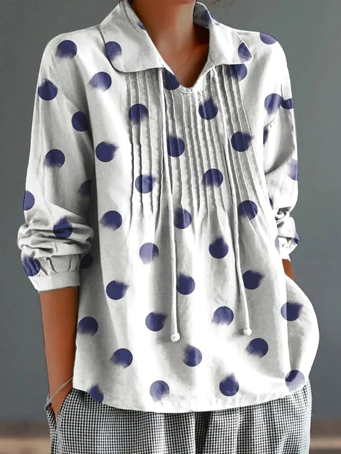 Women's Polka-Dot Design Lapel Pleated Lace-Up Long-Sleeved Loose And Versatile Shirt