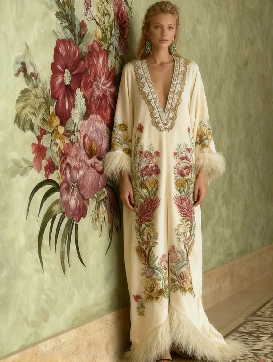 Artistic print V-neck loose-fitting fluffy long robe for autumn and winter