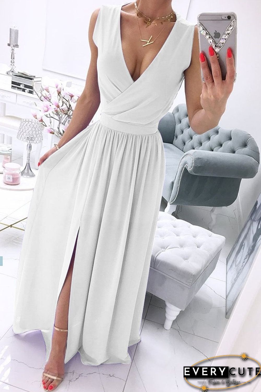 Fashion Street Solid Split Joint V Neck A Line Dresses
