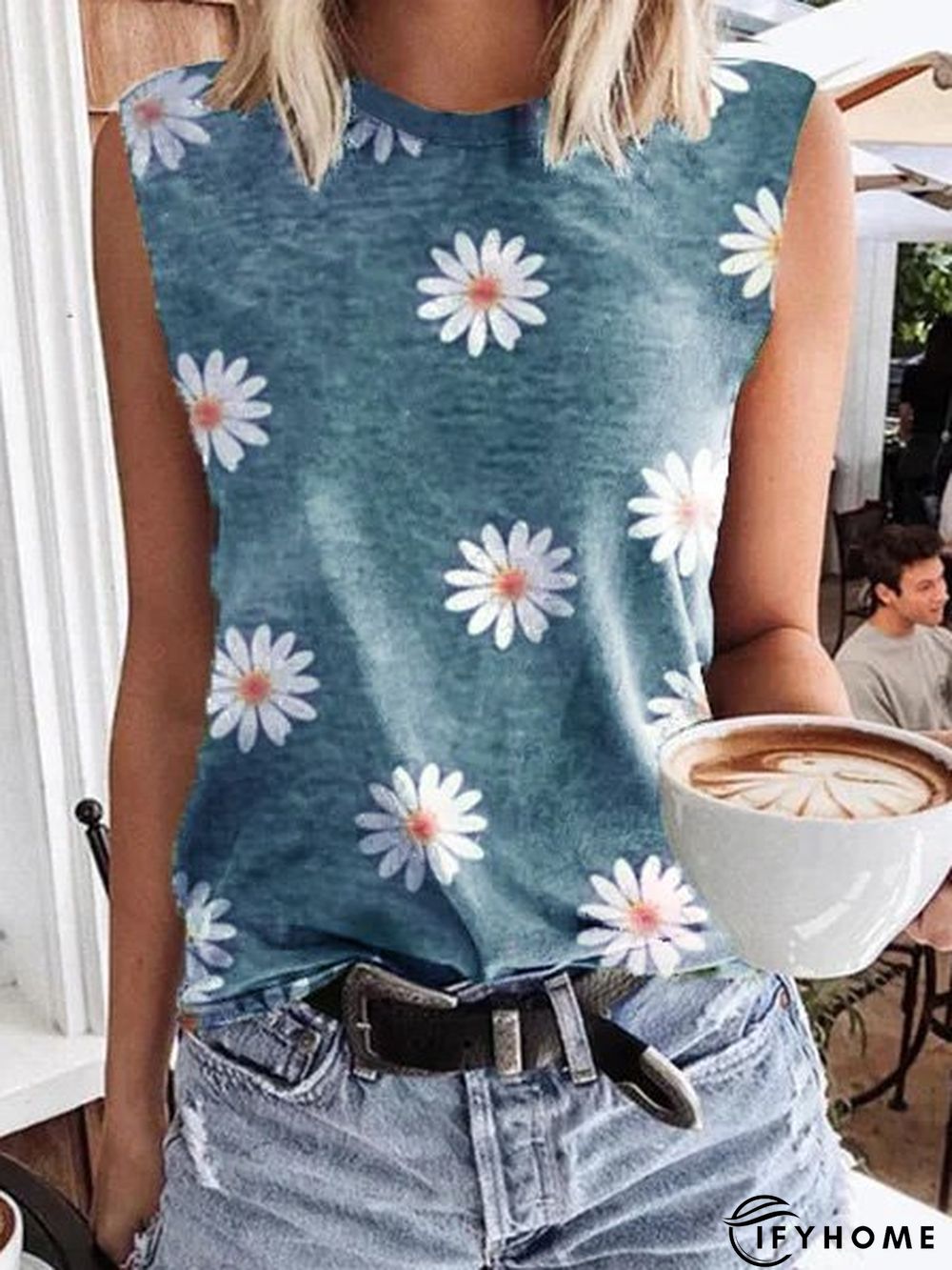 Sleeveless T-shirt with Daisy print round neck | IFYHOME