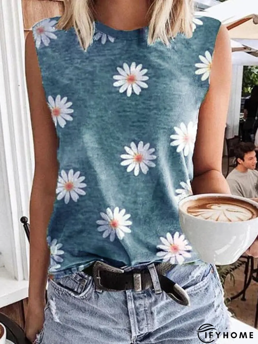 Sleeveless T-shirt with Daisy print round neck | IFYHOME
