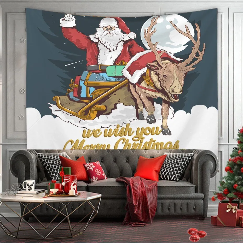 Christmas Tree Print Tapestry Wall Hanging Background Cloth Decor Red Santa Claus Polyester Tapestry Home Room Wall Decoration