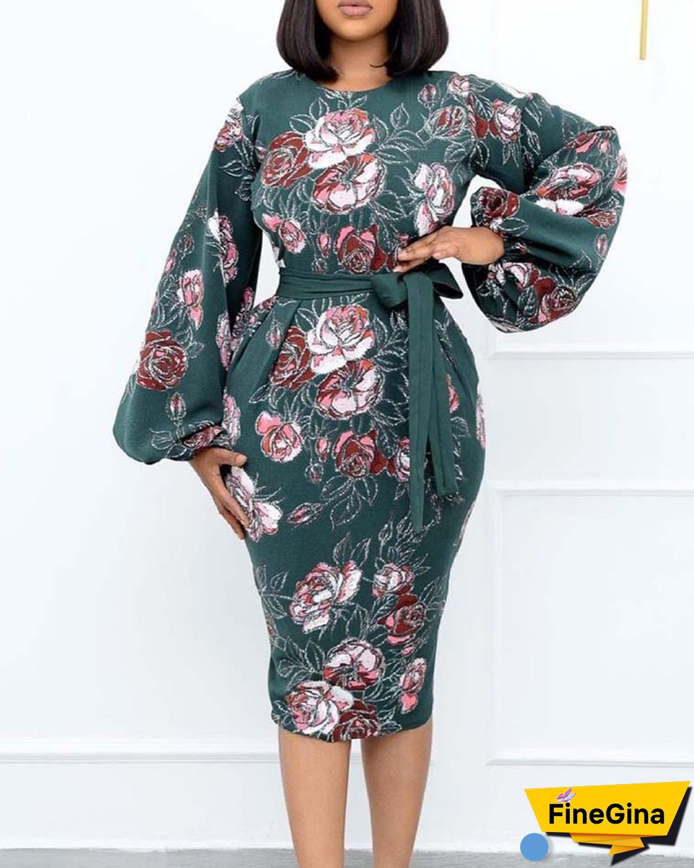 Floral Print Lantern Sleeve Belted Dress