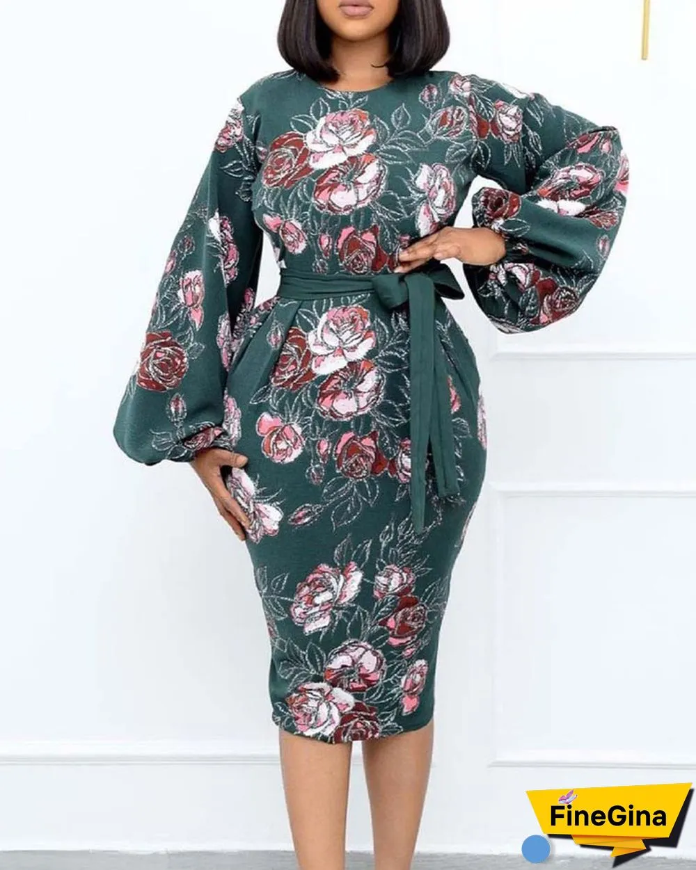 Floral Print Lantern Sleeve Belted Dress