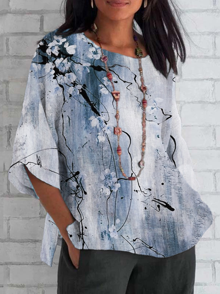 Vintage Ink Flower Print Cotton and Linen T-Shirt