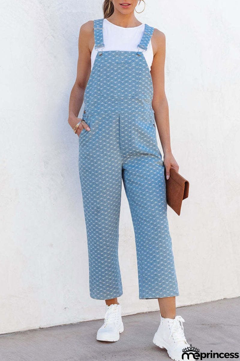 Casual Street Print Pocket Square Collar Sleeveless Loose Denim Jumpsuits
