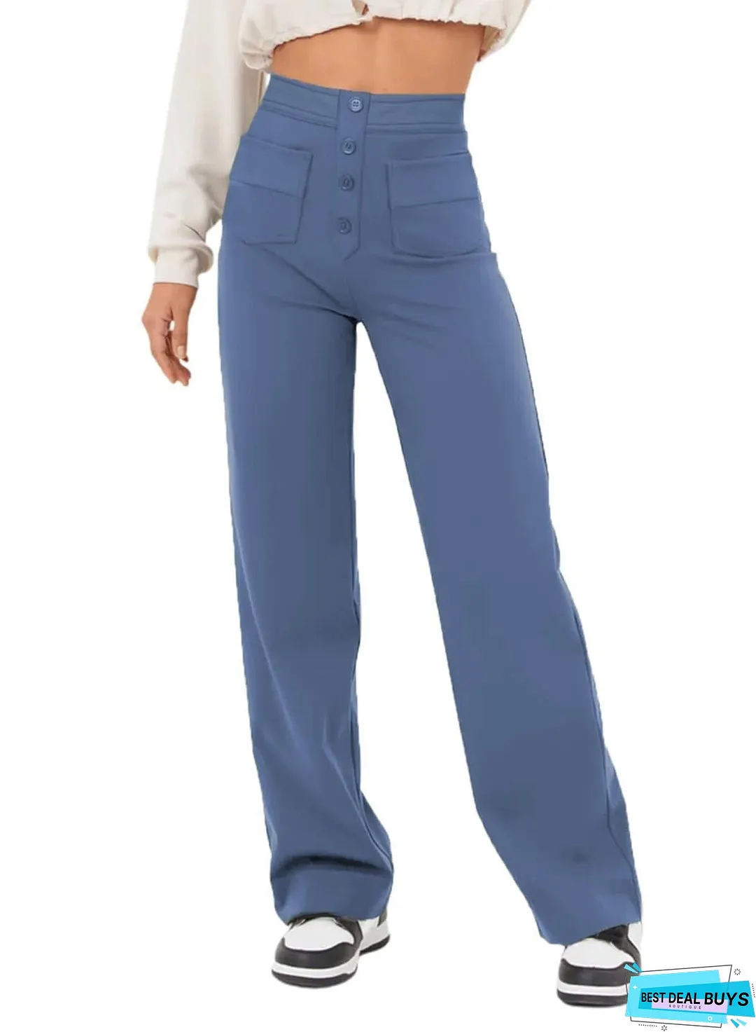 Women's Straight High Waist Button Elastic Band Pants