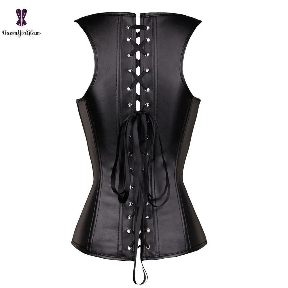 Steel Boned Women's Body Shapewear Vest Faux Leather Buckle Up Front Back Corset Gothic Bustier With G String 905#