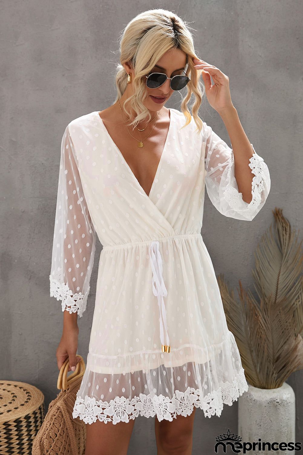 White Wrap V Neck Long Sleeve Polka Dot Mesh Lace Splicing Dress