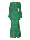 Fashion Round-Neck Puff Sleeves Floral Print Empire Maxi Dress