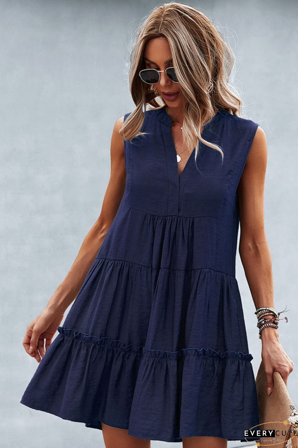 Frill Trim Notched Sleeveless Tiered Dress