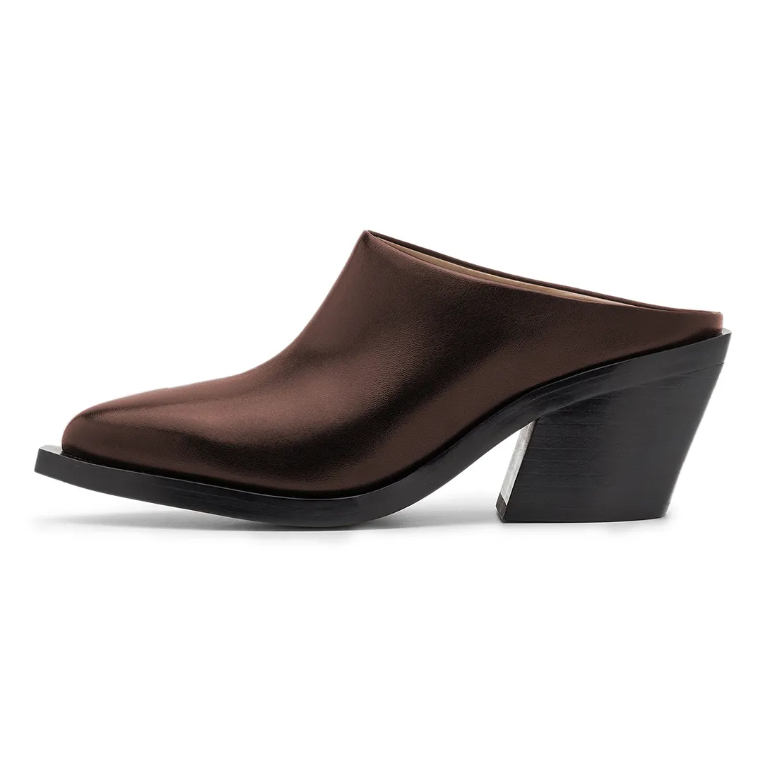 Dark Brown Vegan Leather Snip Toe Block Heel Vintage Mules Shoes