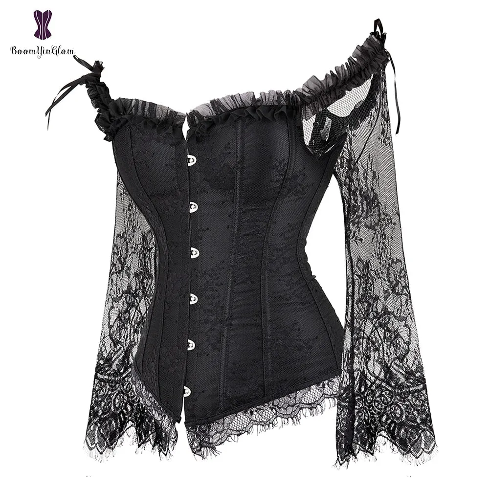 Corset Top Bustier Lingerie Women with Long Sleeves Renaissance Plus Size Lace Floral Sexy Costumes Burlesque Red Black