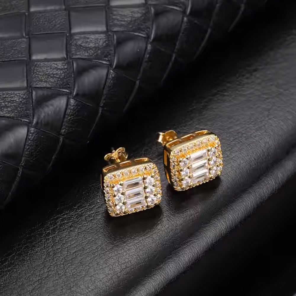 10MM&times;12MM Square Iced Out Baguette CZ Stud Earrings