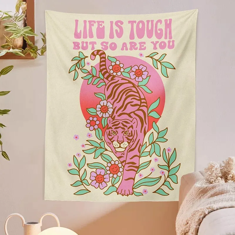 Tiger Moon Wall Tapestry flower plant Wall Hanging pink Aesthetic Room Decor Psychedelic Boho background Tapestries Home Decor