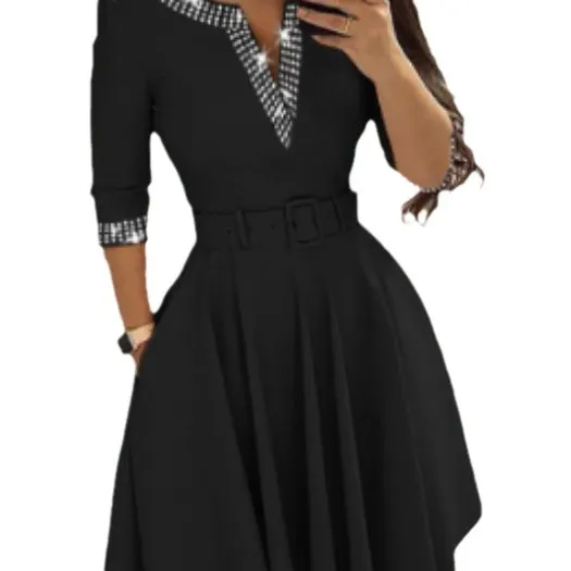 Uveng Uveng Autumn / Winter Temperament Elegant Closed Waist Hot Diamond In The Long Sleeve Solid Color Big Swing V-Neck Dress With A Belt