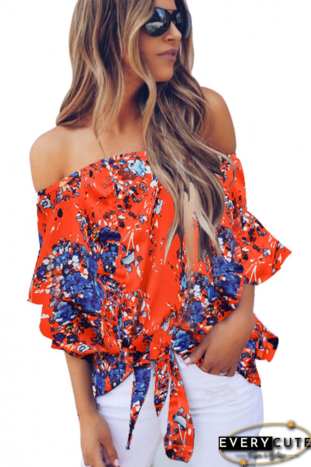 Orange Off Shoulder Floral Tie Front High Low Chiffon Blouse
