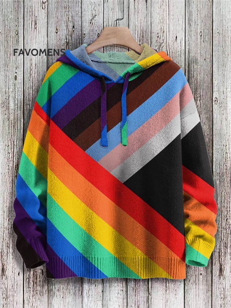 Multicolor Rainbow Pride Gradient Art Print Casual Knitted Hoodie Sweater / S